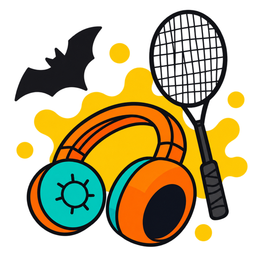Headphones, a badminton racket and a bat silhouette